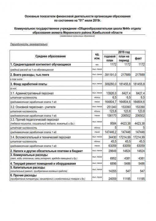 Основные показатели финансовой деятельности организации  по состоянию на "1"июля 2019г.