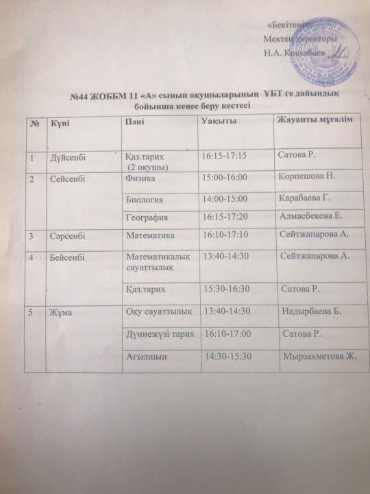 ҰБТ дайындық кестесі 11А сынып
